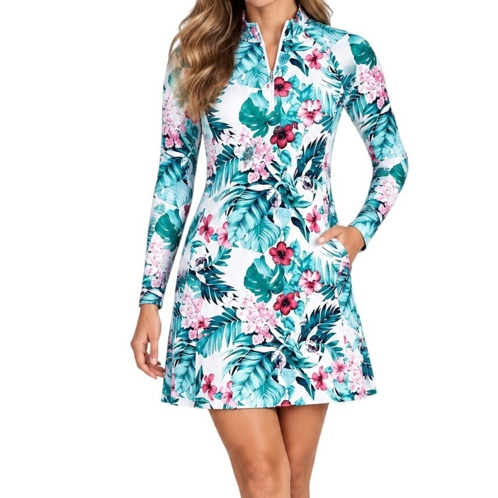 Tommy Bahama Golf & Tennis Tropical Floral Long Sleeve Quarter Zip Dress Small
